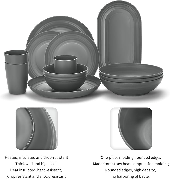 Lazycorner 48-Pcs Kitchen Wheat Straw Dinnerware Set, Service for 8, Plastic Reuasble Dinner Dishes Serving Plate Set for Kitchen, Including Dinner Plate, Dessert Plate, Bowl, Cup(Grey)