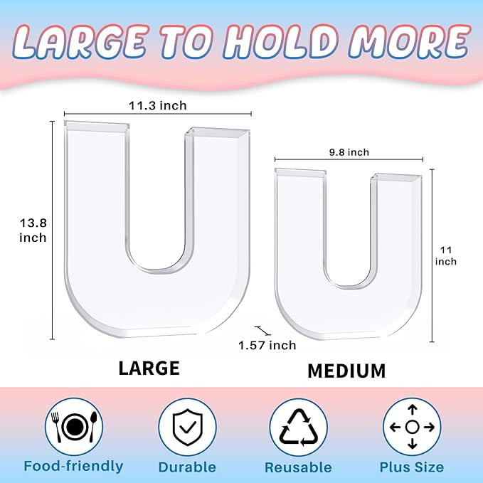 13.8" Extra Large Acrylic Letter Charcuterie Board Box, Reusable Fillable Letter Cake Candy Dish Display Serving Tray for Birthday Anniversary Party Decoration (U)