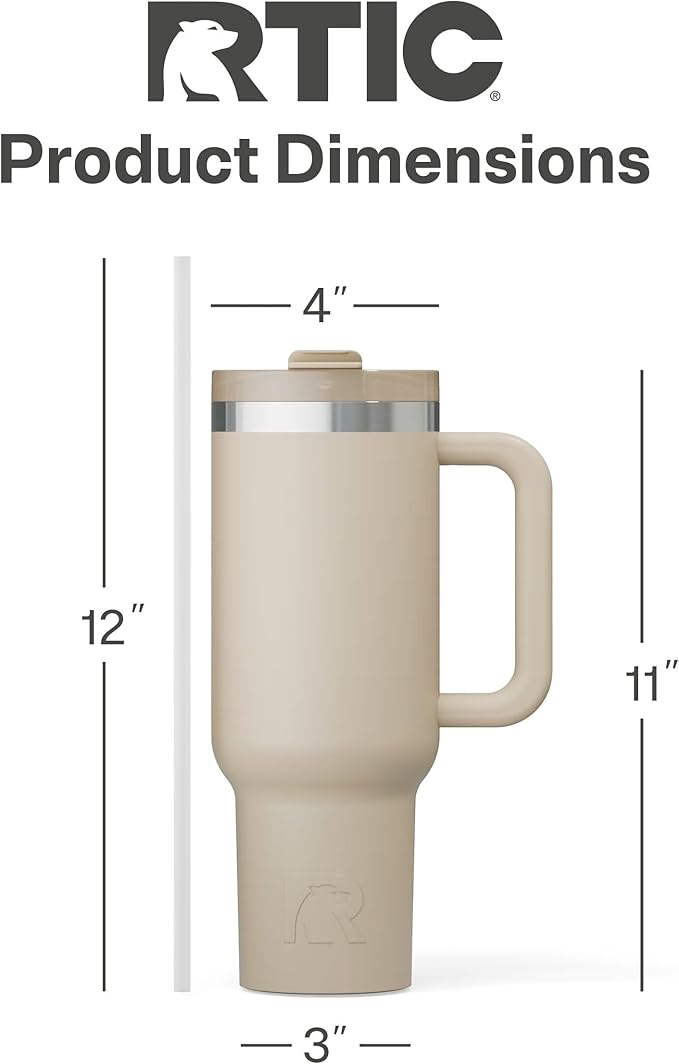 RTIC 40 oz Road Trip Tumbler Double-Walled Cermaic Lined Insulated Stainless Steel Portable Travel Coffee Mug Cup with Lid, Handle and Straw, Beach