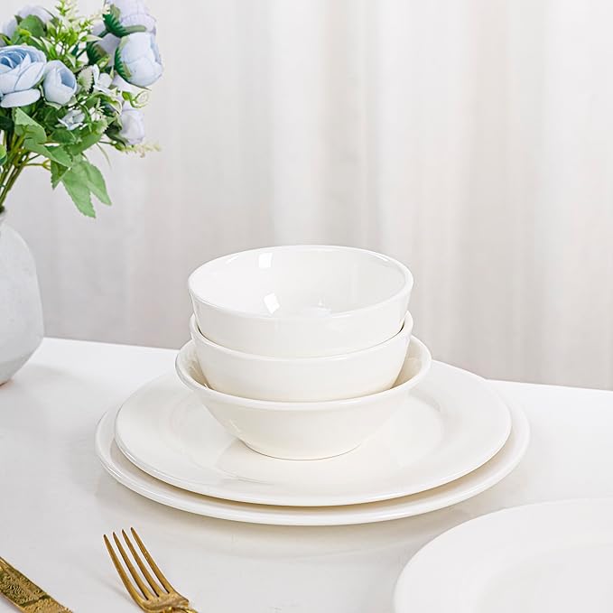 16 Piece White Dinnerware Sets for 4, Porcelain Plates and Bowls Sets, Dishwasher Oven and Microwave Safe - Elegant Kitchen Dish Sets, QOMO-1996