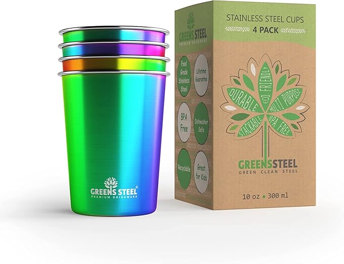 Greens Steel 10oz Rainbow Stainless Steel Tumbler (4 Pack) - Premium Metal Drinking Glasses | Stackable Durable Cup | Great for Kids