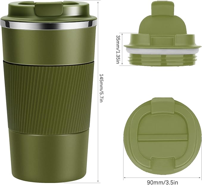 12oz Travel Coffee Cups Insulated Tumbler Thermal Mug to Go with Lid Leak Proof Reusable Stainless Steel Coffee Mug Spill Proof for Hot and Iced Cold Drinks (Green, 380ml)
