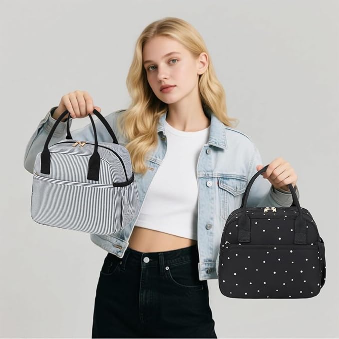 CAMTOP Lunch Box for Women Men Insulated Lunch Bag Lunch Tote Bag Leakproof Thermal Cooler Large Capacity for Travel Work School Picnic (Black white stripes)