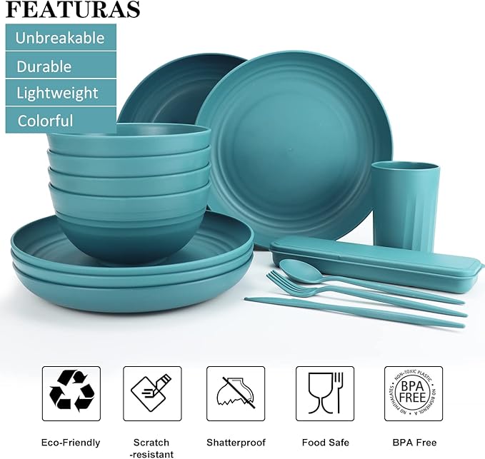 Wheat Straw Plates and Bowls Sets 28 PCS,Chip Resistant Dinnerware Sets for 4,Microwave Safe Dish Sets, Stackable and Lightweight Cup Set, Cutlery Set for Kitchen,Outdoor,Camping(Green)