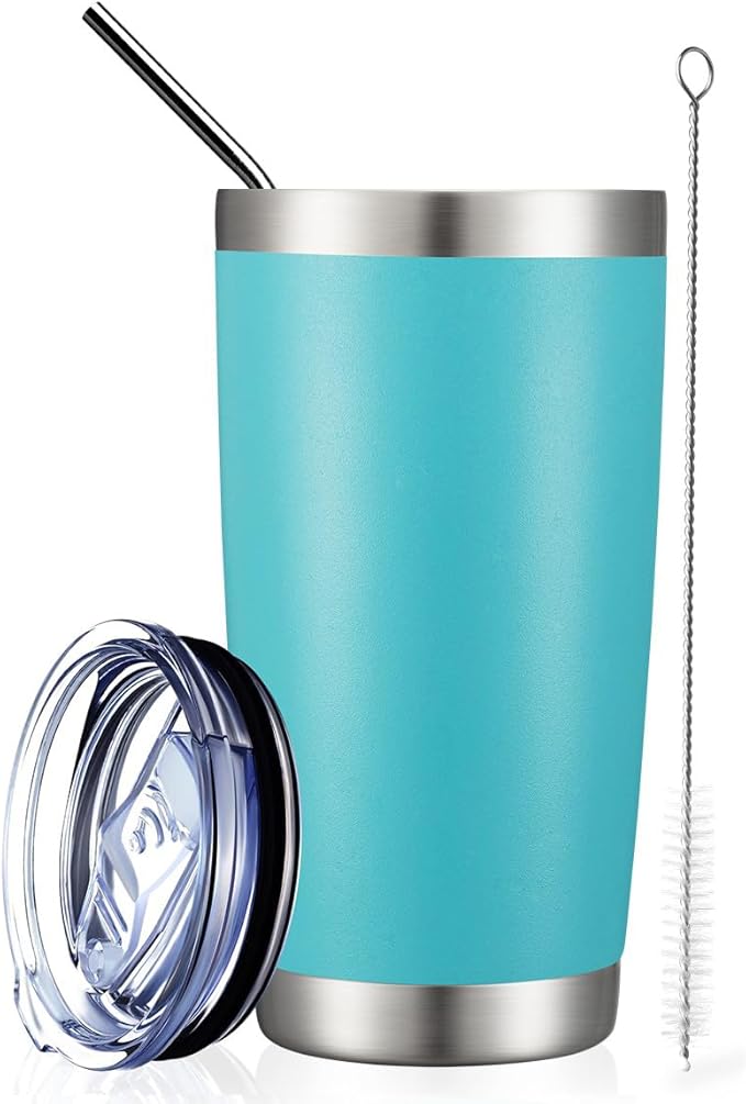 COMOOO 20oz Double Wall Vacuum Insulated Travel Mug, Stainless Steel Tumbler with Lid, Durable Powder Coated Insulated Coffee Cup for Cold & Hot Drinks, Light Blue