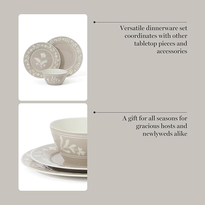 Martha Stewart Maiden Crown 12-Piece Taupe Dinnerware Set – Vegan Bone China Ceramic Plates & Bowls – Floral Design – Service for 4 – Dishwasher & Microwave Safe