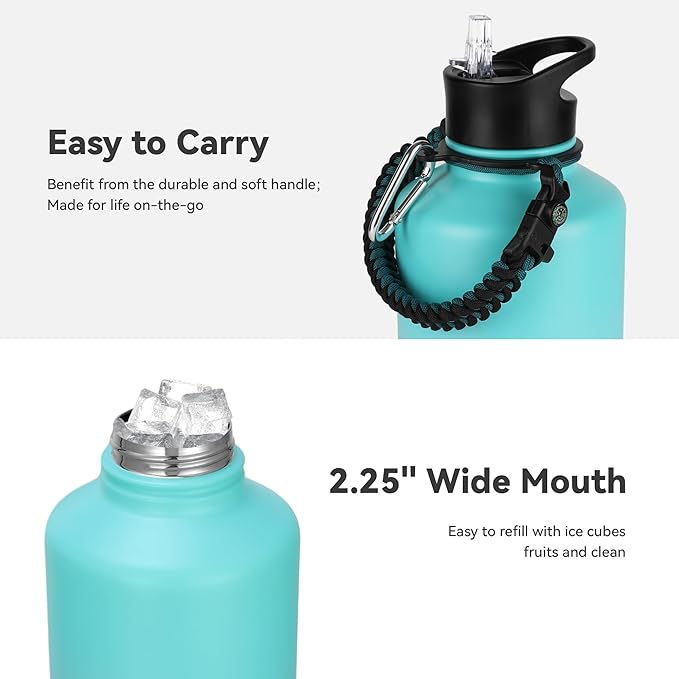 64 oz Insulated Water Bottle with Straw & Spout Lids, Stainless Steel Metal Half Gallon Water Jug with Paracord Handle, Double Wall Vacuum, Leakproof, Keep Drinks Cold & Hot, Pink Blue Gradient