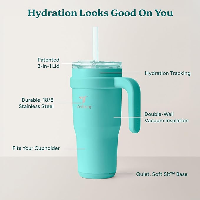 Reduce 24 oz Stainless Steel Tumbler with Handle - Dual-Wall Vacuum Insulated Travel Mug, Sweat-Proof Lid & Reusable Straw - Keeps Drinks Cold for 24 Hrs, Fits Cupholders, Dishwasher Safe-Ocean Breeze