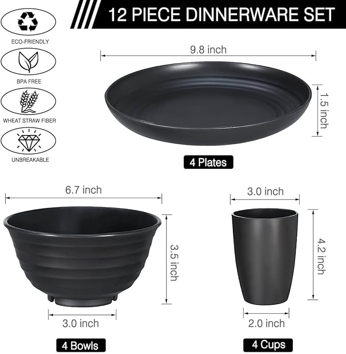 12pcs Plastic Wheat Straw Dinnerware Sets, Wheat Straw Plates and Bowls Sets for 4 College Dorm Room Essentials Microwave Dishwasher Safe (Black)