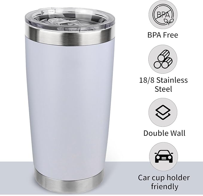20oz Stainless Steel Tumbler with Lid, Travel Mug - Double Wall Vacuum Powder Coated Cup - White, 1 Pack