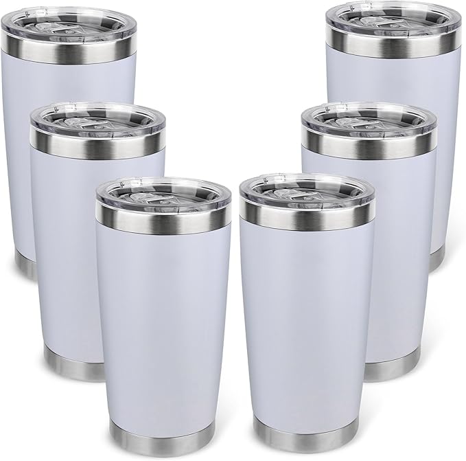20oz Stainless Steel Tumbler Bulk with Lid, Travel Mug - Double Wall Vacuum Powder Coated Cup - White, 6 Pack
