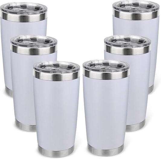 20oz Stainless Steel Tumbler Bulk with Lid, Travel Mug - Double Wall Vacuum Powder Coated Cup - White, 6 Pack