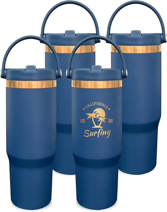 30 oz Tumbler Bulk with Handle and Straw, Vacuum Insulated Tumblers with Flip Straw and Top Handle, Leakproof Powder Coated Tumbler, Stainless Steel Travel Mug for Coffee Water (Navy, 4 Pack)