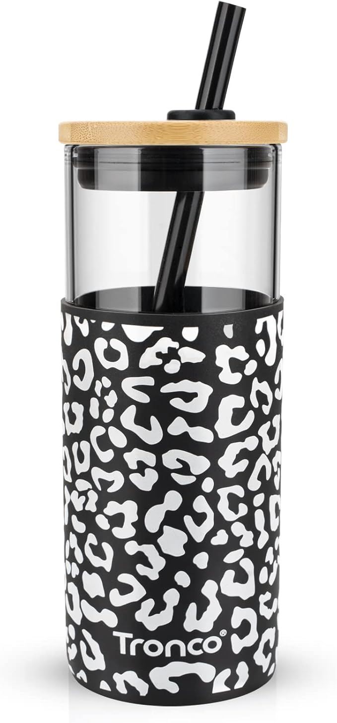 Tronco 20 oz Glass Tumbler with Lid and Straw, Iced Coffee Cup and Smoothie Cup with Bamboo Lids & Protective Silicone Sleeve, Dishwasher Safe, BPA-Free, Glass Cup 1 Pack