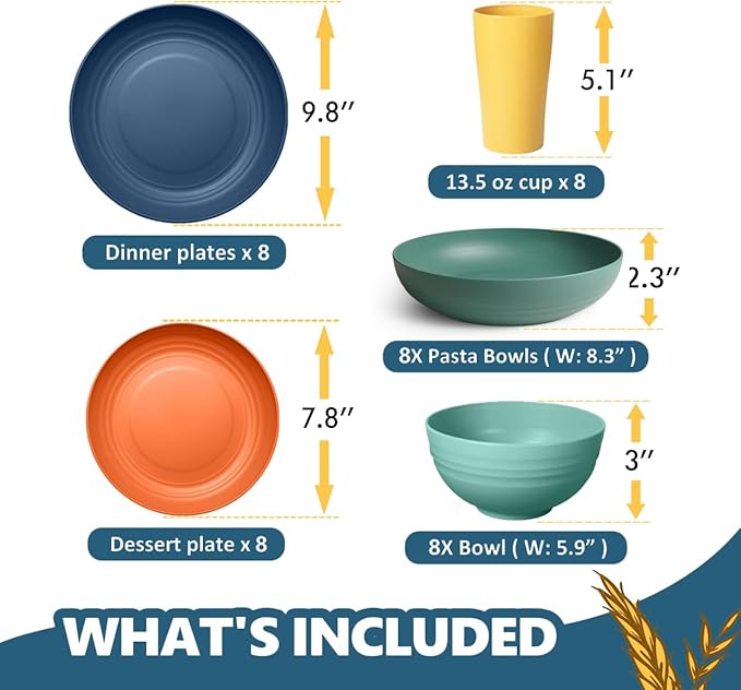 Teivio 32-Piece Kitchen Plastic Wheat Straw Dinnerware Set, Service for 8, Dinner Plates, Dessert Plate, Cereal Bowls, Pasta Bowls, Unbreakable Outdoor Camping Dishes, Autumn Multicolor