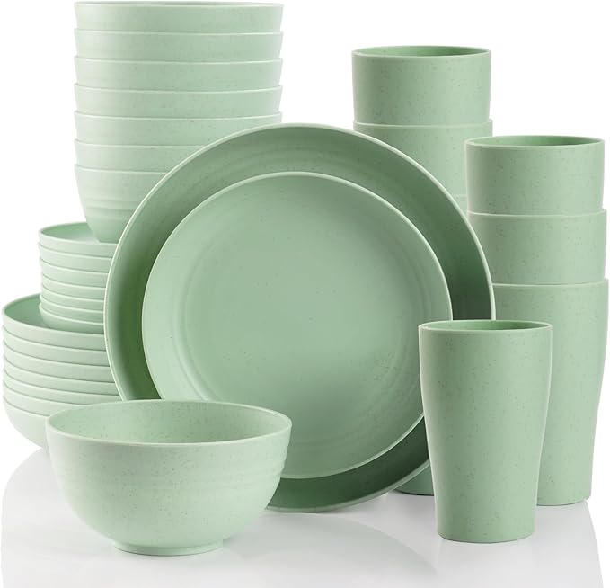 Camping Plates Cups and Bowls Set Green Reusable Microwave Safe Lightweight Unbreakable Plastic Dishes Set for Kids Elderly Kitchen Adults Outdoor,32 Pcs Holiday Dinnerware Sets for 8