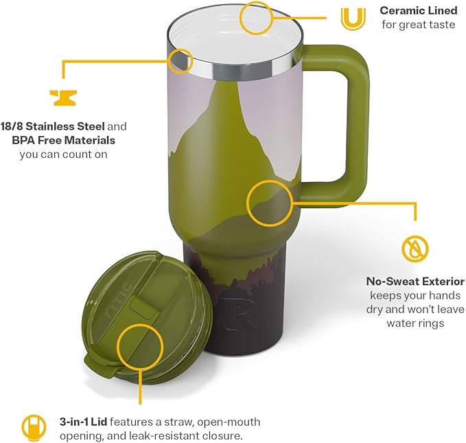 RTIC 40 oz Road Trip Tumbler Double-Walled Cermaic Lined Insulated Stainless Steel Portable Travel Coffee Mug Cup with Lid, Handle and Straw, Deep Woods
