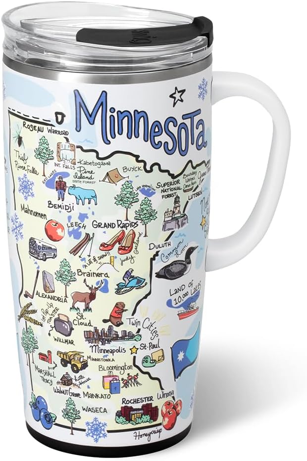 Swig Life 22oz Travel Mug, Insulated Tumbler with Handle and Lid, Travel Coffee Mug, Cup Holder Friendly, Stainless Steel 22 oz Tumbler, Reusable Insulated with Lid (Minnesota)