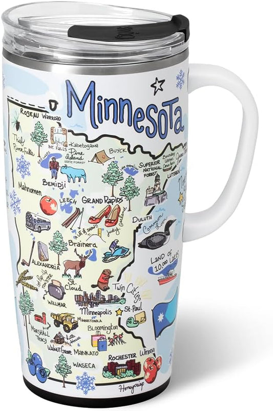 Swig Life 22oz Travel Mug, Insulated Tumbler with Handle and Lid, Travel Coffee Mug, Cup Holder Friendly, Stainless Steel 22 oz Tumbler, Reusable Insulated with Lid (Minnesota)