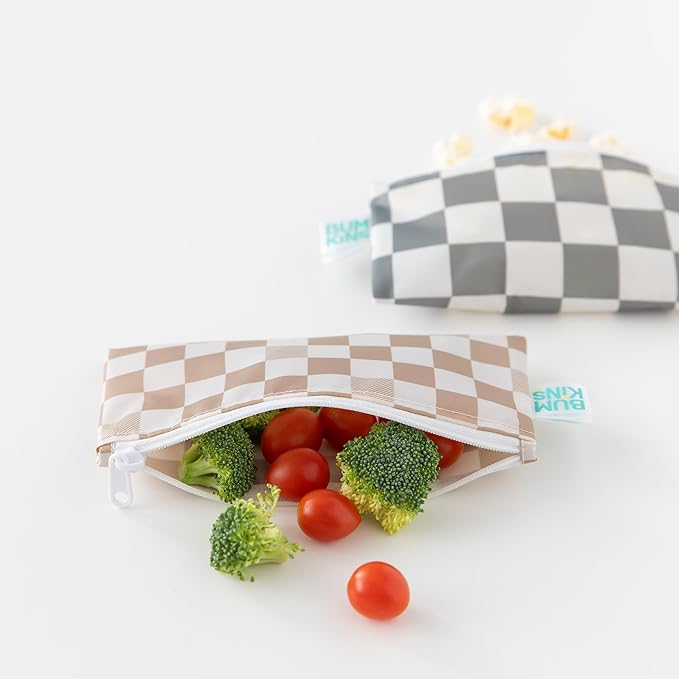 Bumkins Reusable Snack Bags, for Kids School Lunch and for Adults Portion, Washable Fabric, Waterproof Cloth Zip Bag, Supplies Travel Pouch, Food-Safe Storage, 2-pk Check