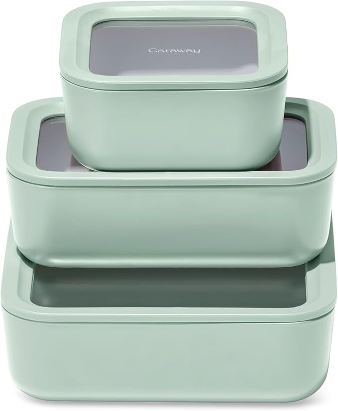Caraway 3pc Glass Food Storage Set – 10 Cup, 6.6 Cup, & 4.4 Cup Food Containers - Ceramic Coated - Non Toxic Non Stick Lunch Box with Glass Lids - Dishwasher, Oven, & Microwave Safe - Mist