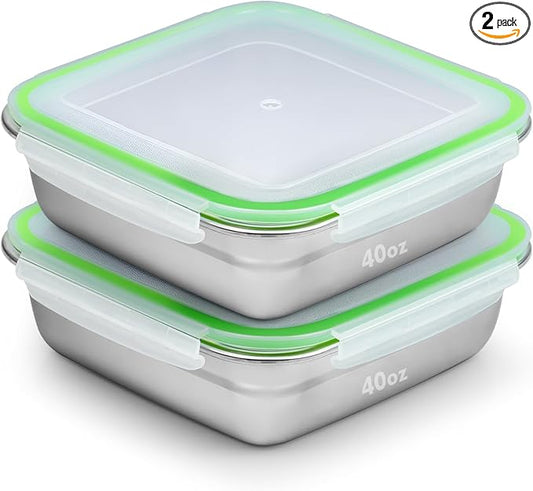 2 Pack Sandwich Containers, 40oz Stainless Steel Sandwich Box with Airtight Lids, Reusable Metal Meal Prep Lunch Boxes, BPA-Free, Dishwasher Safe, Large Capacity Food Storage Containers (Green)
