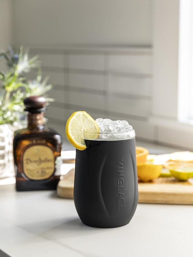 Vinglacé Stainless Steel Stemless Wine Glass- Insulated Wine Tumbler with Glass Insert and Sip Lid, 10 oz, Black
