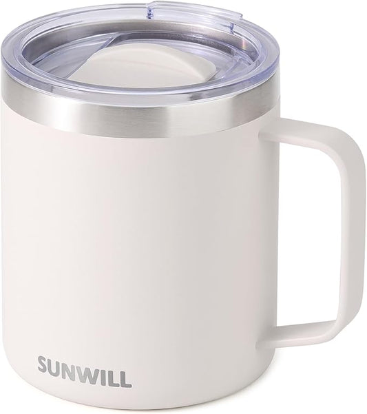 SUNWILL Travel Coffee Mug with Lid, Insulated Tumbler with Handle, 14 oz Stainless Steel Cup for Home, Office, Camping, Powder Coated Cream