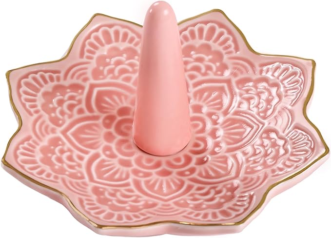 Ceramic Mandala Ring Holder, Decorative Jewelry Dish, Trinket Tray Room Decor, Engagement Wedding Birthday Gifts for Women (pink)