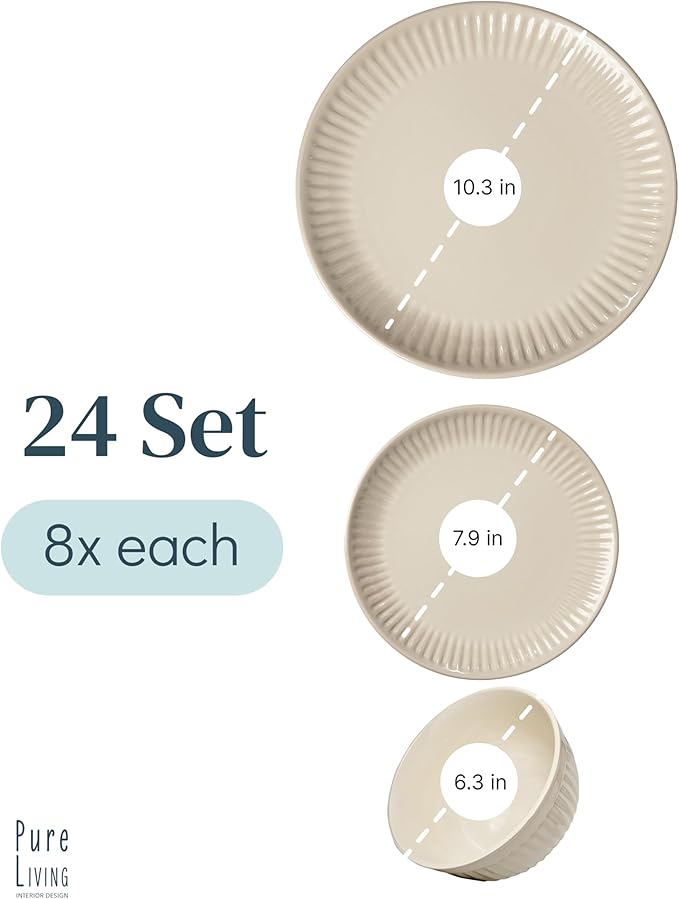 Stoneware Dinnerware Set for 8 People HYGGE 24-Piece - Elegant Scandi Design - Premium Dish Set - Bowl and Plate Set - Tableware for 8 People in a Ribbed Design - Pure Living in Light Brown