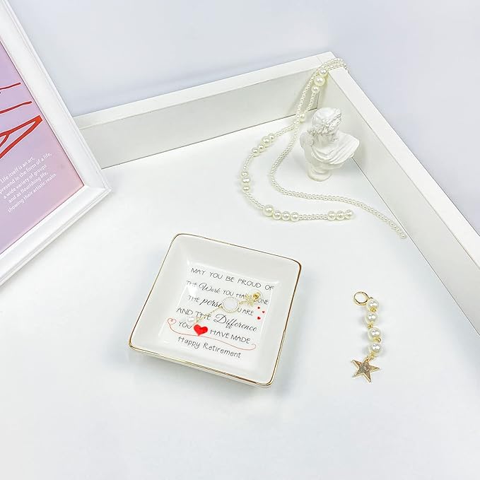 Valentines Retirement Gifts for Women 2024 Retirement Party Decorations Mothers Day Nurse Gifts Trinket Dish Bulk Gifts for Coworkers Ceramic Tray Ring Tray Female Happy Retirement