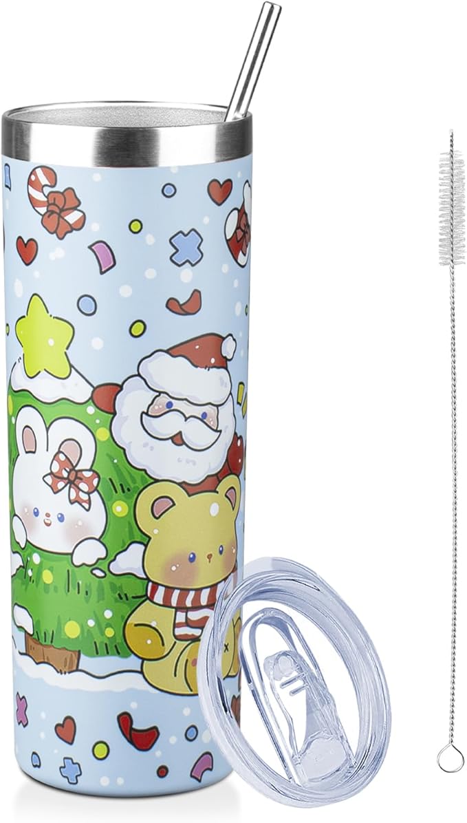 20oz Christmas Skinny Tumbler with Lid and Straw,Stainless Steel Vacuum Insulated Tumbler Cup Double Wall Travel Coffee Mug Christmas Gifts for Women Men (Santa Claus Bear,1)