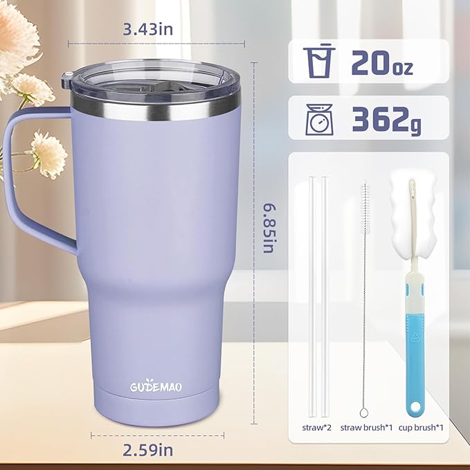 20 oz Insulated Coffee Mug with Ceramic Coating, Stainless Steel Travel Mug Tumbler with Handle Lid and Straw, Double Wall Leak-Proof Coffee Travel Mug Keeps Drink Hot and Cold (Light Purple)