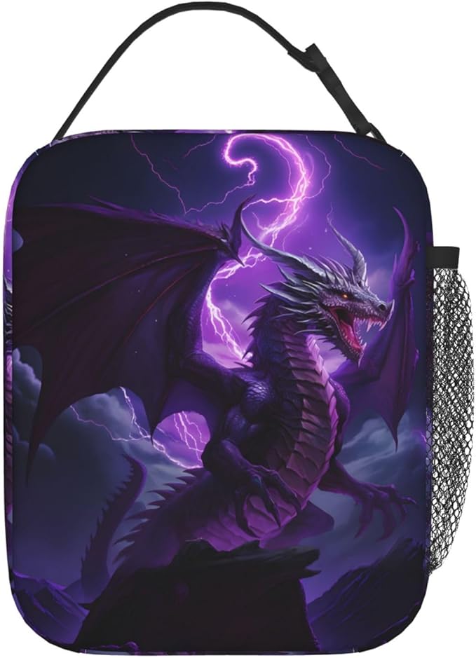 Reusable Purple Dragon Lunch Box for Kids, Insulated Epic Lightning Animal Bag,Polyester Cooler Fantasy Lovers Handbags Case for School Work Picnic Travel Beach or Hiking, Gifts