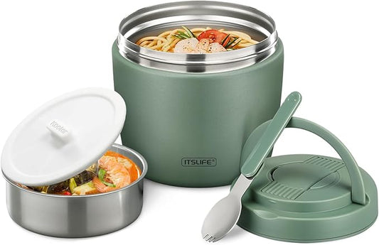 Soup Thermo for Hot Food Adults 32OZ Lunch Containers Wide Mouth Hot Food Jar Vacuum Insulated Stainless Steel Bento Box Leakproof with Spoon (Green)