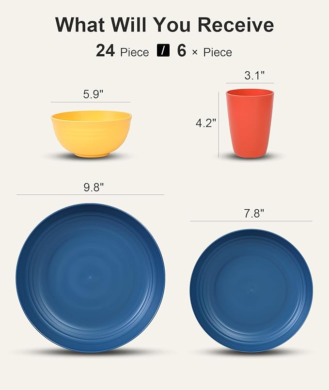 Quatish 24 Piece Plates and Bowls Sets for 6, Unbreakable Dinnerware Sets, Plastic Dish Set for Camping, Dishwasher Microwave Safe, Outdoor Kitchen and Apartment Dinning RV Essentials, Multi