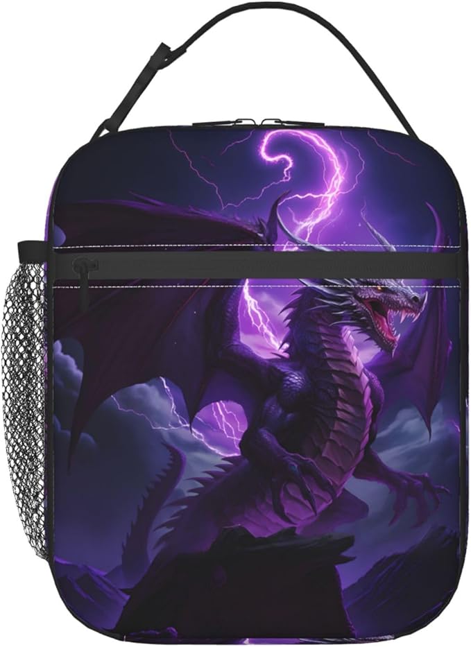 Reusable Purple Dragon Lunch Box for Kids, Insulated Epic Lightning Animal Bag,Polyester Cooler Fantasy Lovers Handbags Case for School Work Picnic Travel Beach or Hiking, Gifts