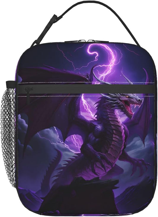 Reusable Purple Dragon Lunch Box for Kids, Insulated Epic Lightning Animal Bag,Polyester Cooler Fantasy Lovers Handbags Case for School Work Picnic Travel Beach or Hiking, Gifts