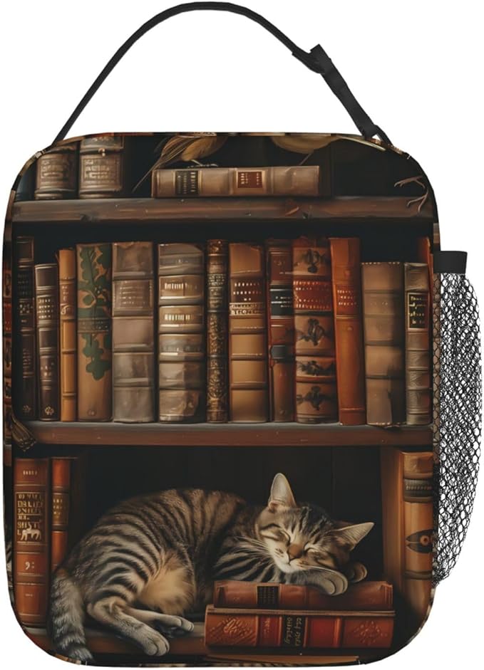 Reusable Vintage Library Cat Lunch Box for Kids Girls Boys Women Adult, Insulated Book Retrolunch Bag,Polyester Cooler Handbags Case for School Picnic Work Travel Beach or Hiking