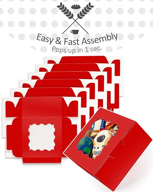 qiqee Bakery Box with Window 36packs 6x6x3 Red Cookie Boxes Pastry Box for Wedding Favor Party ＆ Birthday