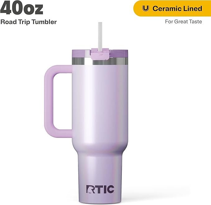 RTIC 40 oz Road Trip Tumbler Double-Walled Cermaic Lined Insulated Stainless Steel Portable Travel Coffee Mug Cup with Lid, Handle and Straw, Lavender Glitter