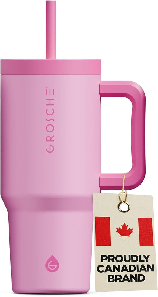 GROSCHE ASPEN 32 oz Tumbler with Handle and Straw. Extreme Insulation, Classy Design, Built to Last Insulated Stainless Steel Tumbler with Handle, Lid and Straw - Hot Pink