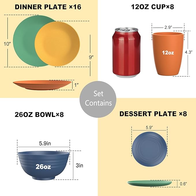 Wheat Straw Dinnerware Sets for 8,Dishwasher & Microwave Safe Plates and Bowls Sets 40 PCS, Unbreakable Dish Sets for Kitchen,Camping and Outdoor,Alternative to Plastic Bowls Reuseable - Multi color
