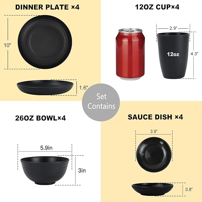 Wheat Straw Dishes Set 16 PCS, Service for 4,Unbreakable and Ruseable Plastic Dinnerware Sets,Dishwasher & Microwave Safe Plates Set for Kitchen,Camping,Dorm,Dessert Plates, Drinking Glasses（Black）