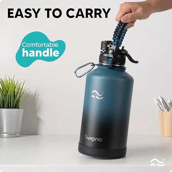 [2-IN-1 LID] 64 oz Insulated Water Bottle with Silicone Boot (48hrs Cold/24hrs Hot) - DIY Stickers, Leakproof, BPA Free, Half Gallon