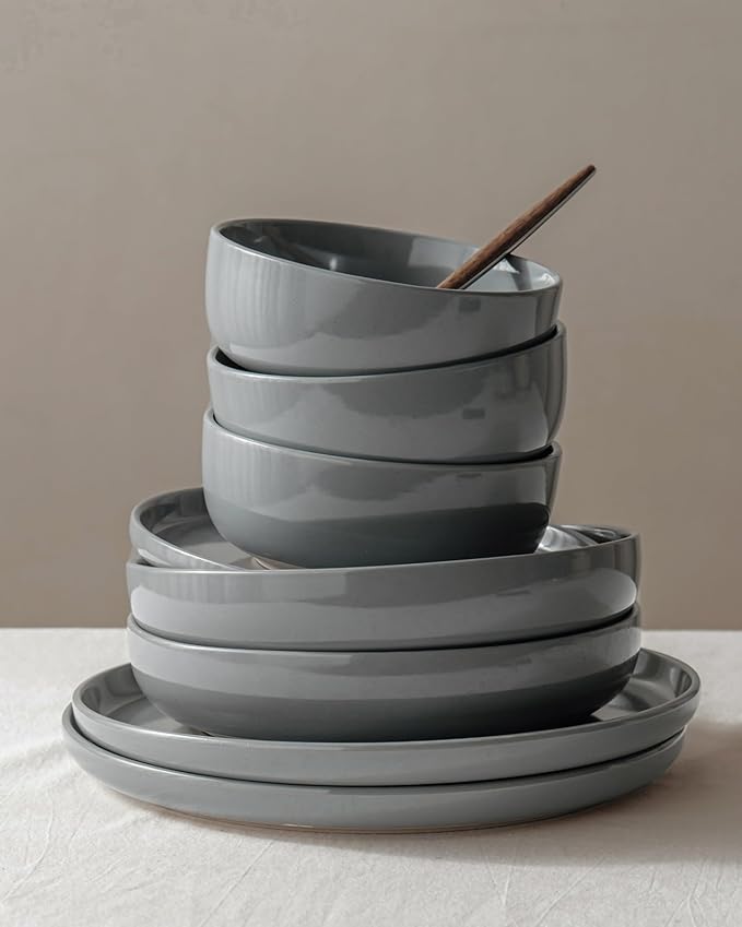 Famiware Milkyway Dinnerware Set with Mugs, Service for 4 (16pcs), Ribbed Stoneware Plates and Bowls Dishes Sets - Chip & Scratch Resistant, Microwave & Dishwasher Safe, Dark Gray