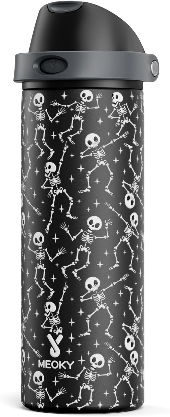 24 oz Halloween Insulated Water Bottle: Meoky Stainless Steel Water Bottle with 2-in-1 Straw Lid - Leak Proof, Cold for 24 Hours, Protective Silicone Base, Halloween Gifts for Women Men, Pop Skull