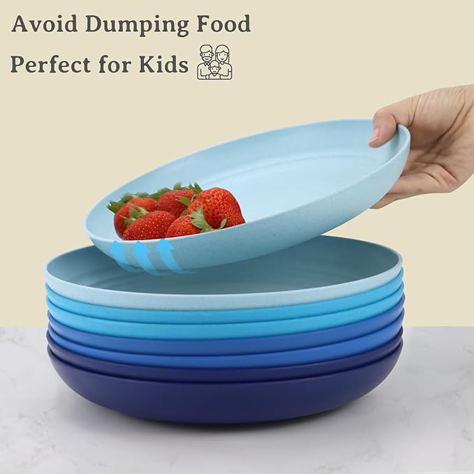 Wheat Straw Plates - 8 Inch Unbreakable Dinner Plates Set of 8 - Dishwasher & Microwave Safe Plastic Plates Reusable - Lightweight Kids Plates for kitchen,R.V. (Ocean)