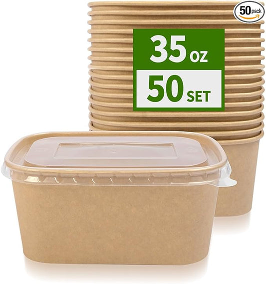 50 Pack 35 oz Paper Meal Prep Containers Disposable, Paper Food Containers with Lids Take Out Containers Microwavable and Freezable for Hot/Cold Use