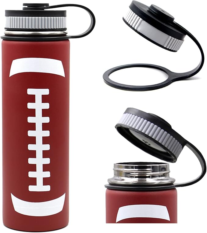 22 oz Football Water Bottle, Metal Thermo Travel Mug Sports Flask with 2 Lids, Stainless Steel Double Wall Vacuum Leak Proof Insulated Water Bottles, Football Accessories Gifts for Mom Men Boys Girls